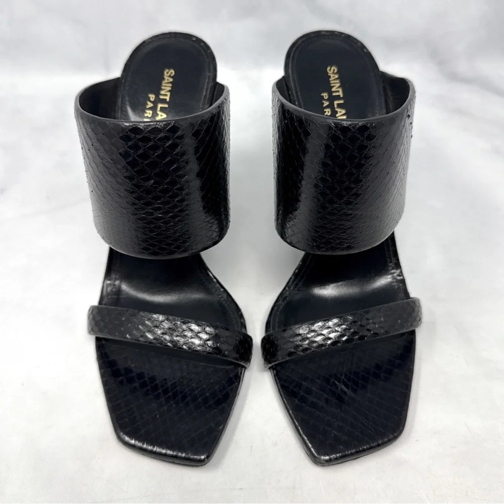 Saint Laurent Oak Snakeskin Leather Square Toe Block Heel Mule Sandal Black 38.5 - Picture 5 of 16